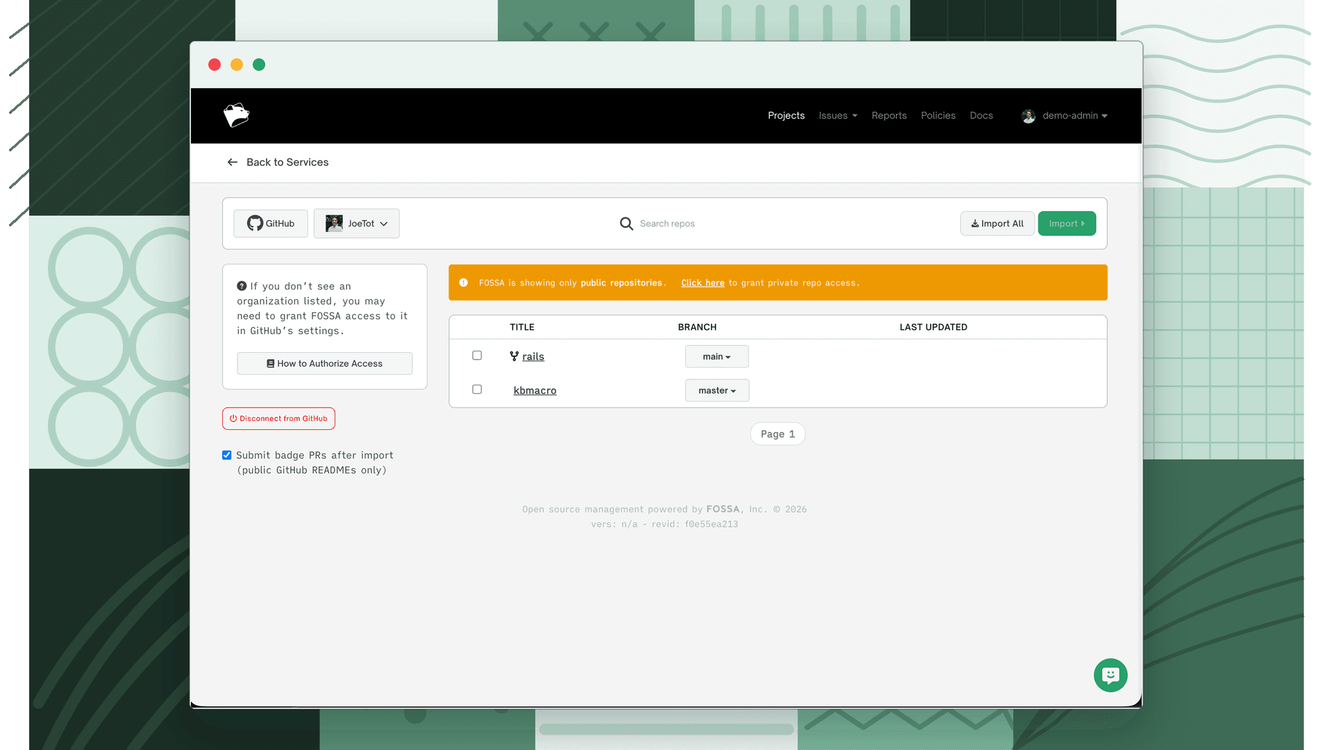 The repository list with branch, status, and Import actions per repo