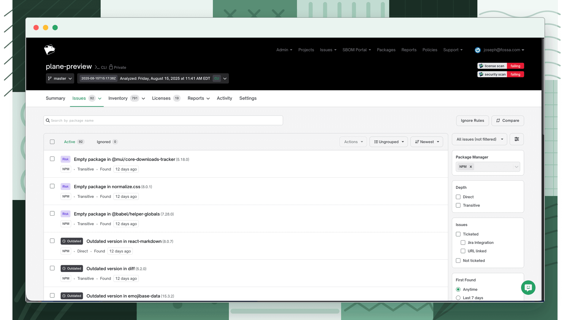 FOSSA Issues tab listing quality issues by type