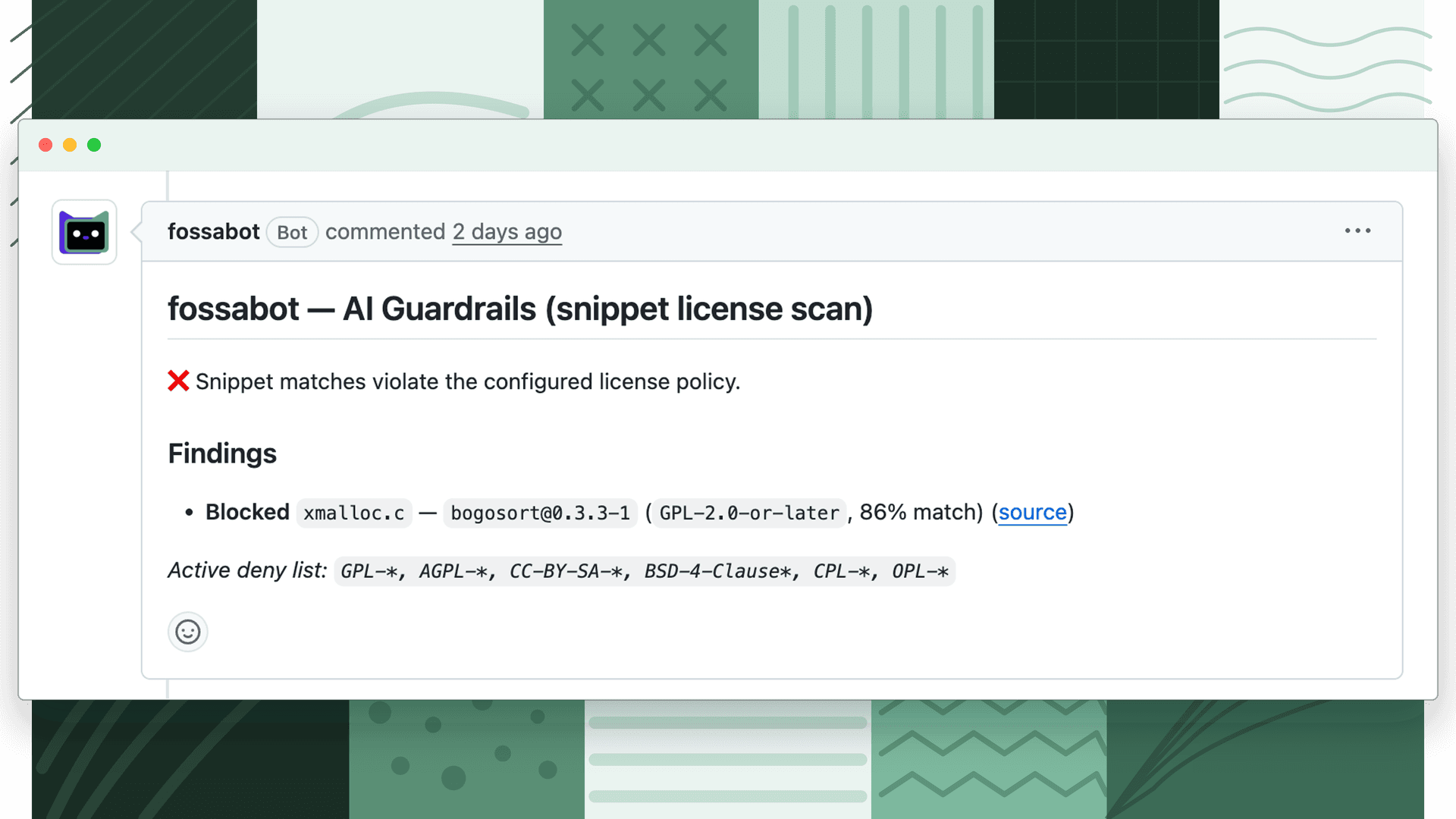 fossabot blocking a pull request that introduces GPL-licensed code