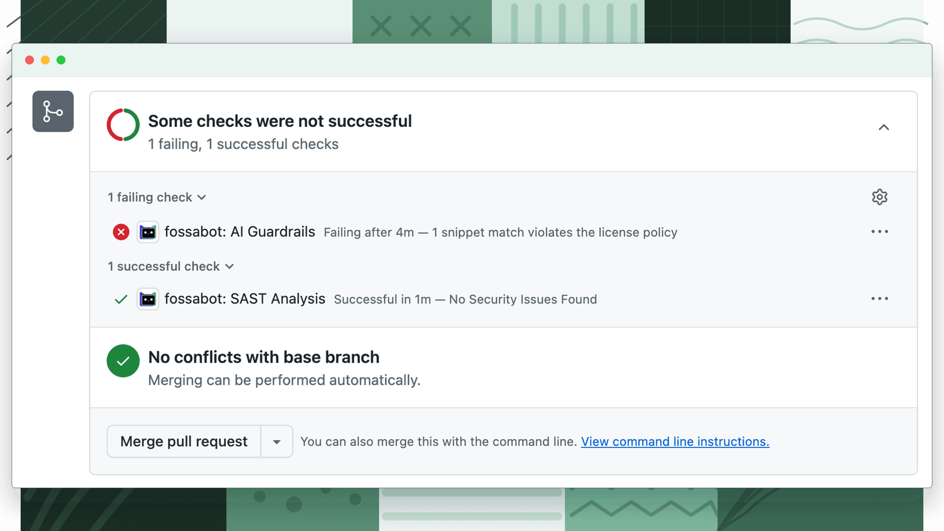 A failed fossabot pre-merge check after problematic AI-generated code was detected