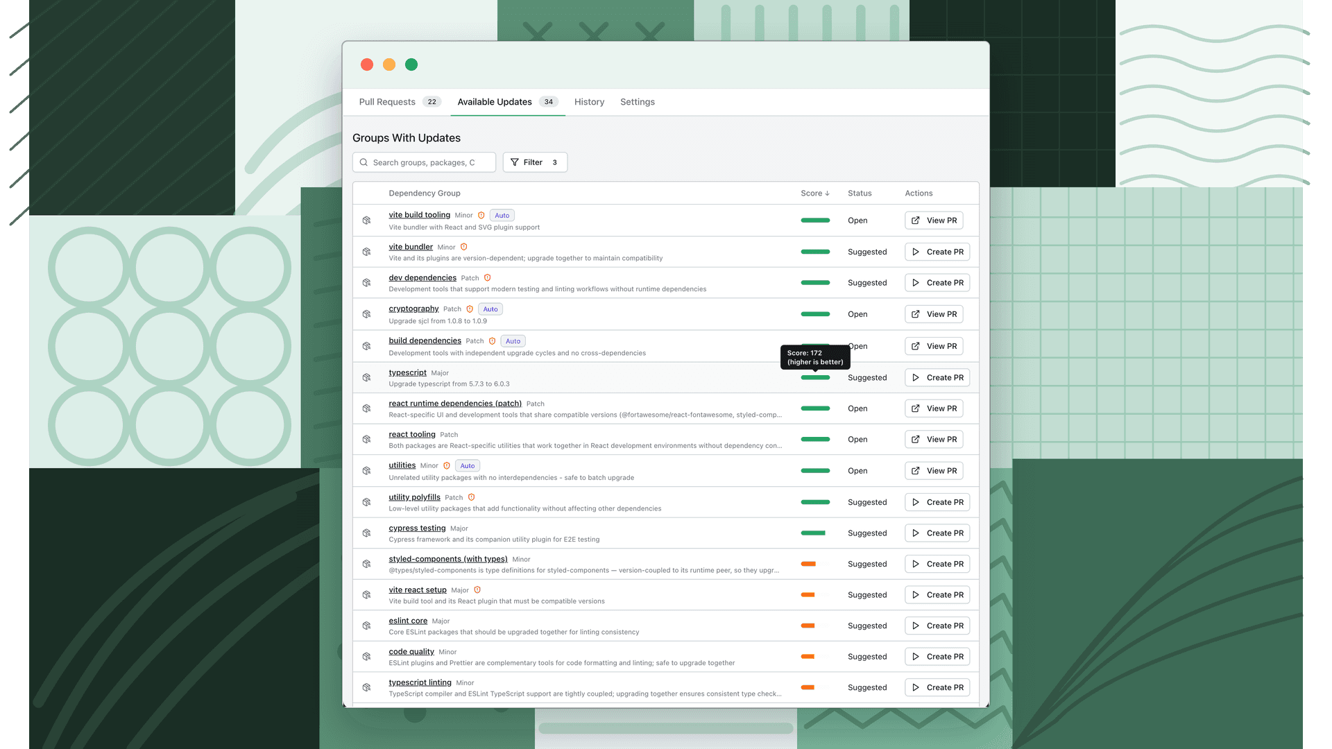 fossabot Available Updates list showing dependency groups ranked by score, each with an upgrade type, status, and a create or view pull request action