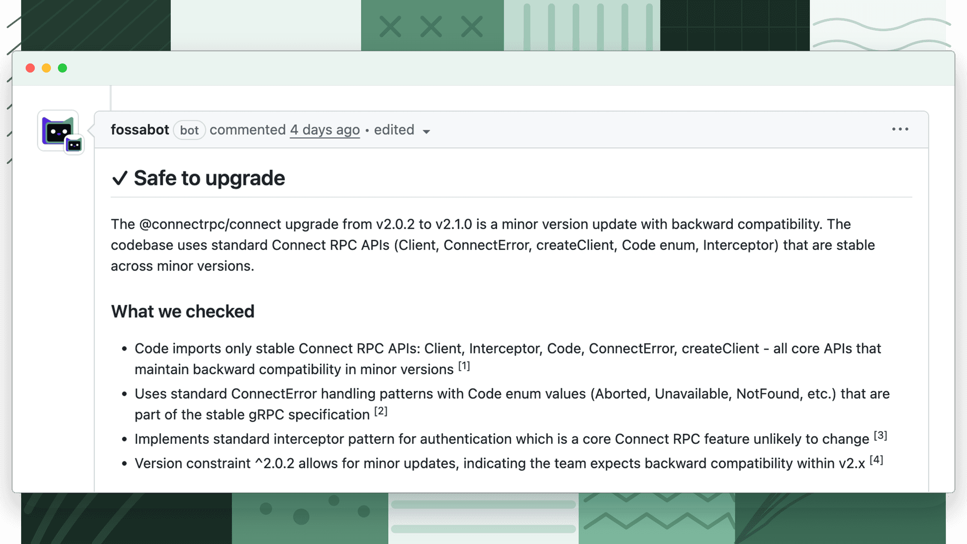 fossabot comment on a GitHub pull request explaining why an upgrade is safe, with a list of what it checked