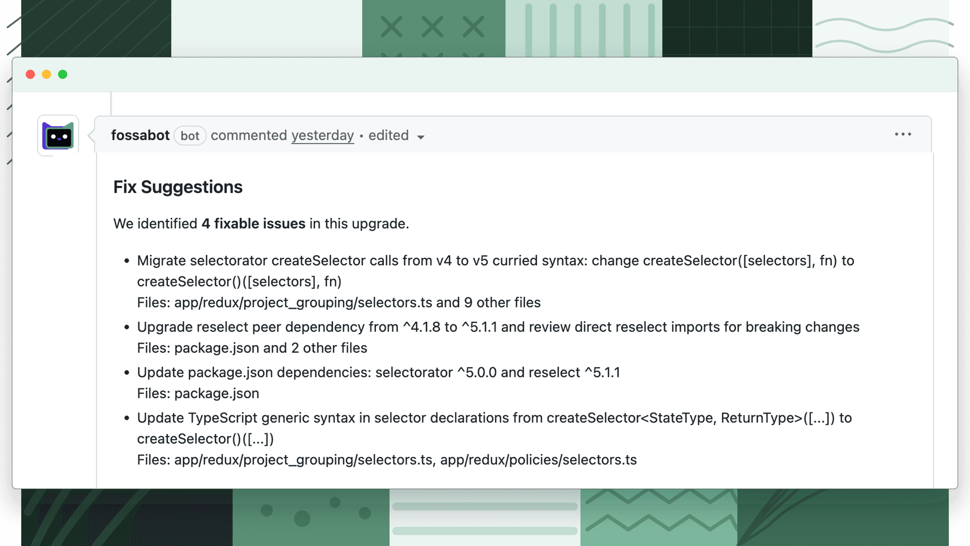 fossabot proposing a fix for a breaking change in a pull request