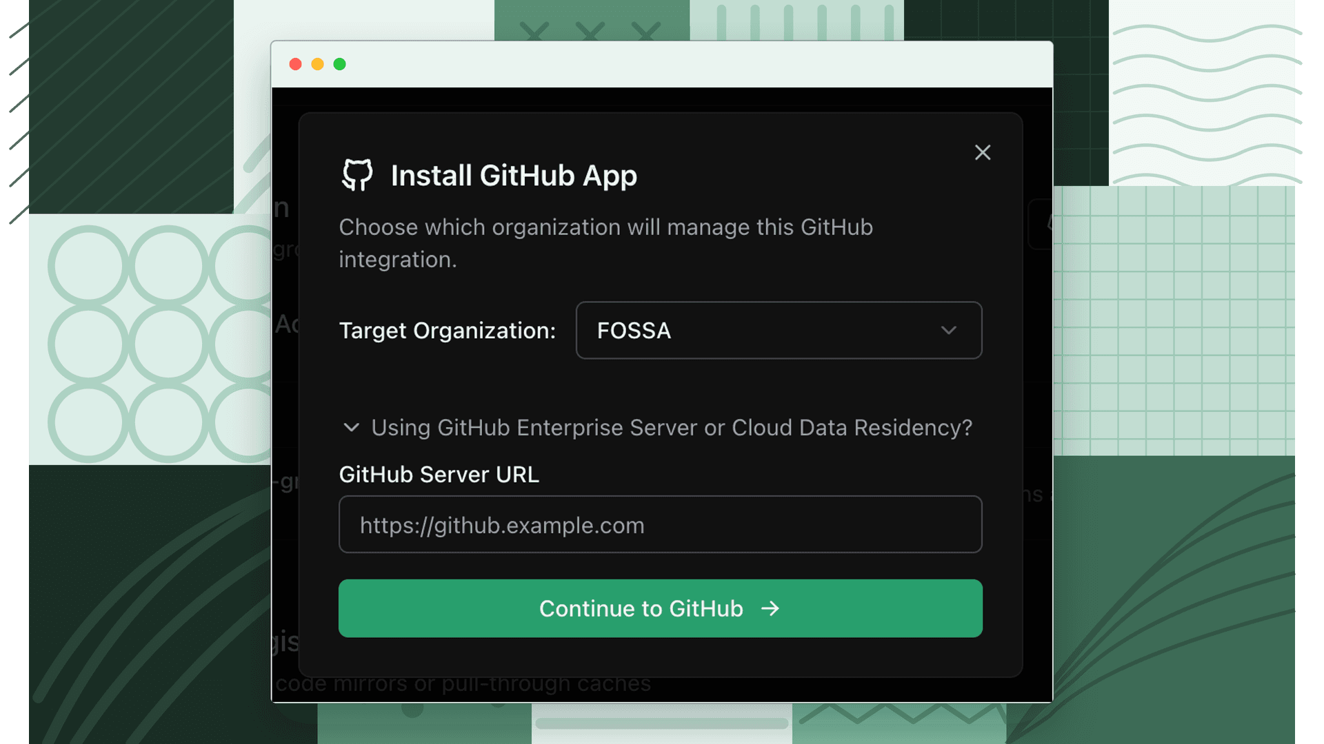 fossabot Install GitHub app screen with a field for the custom GHEC-DR API server URL