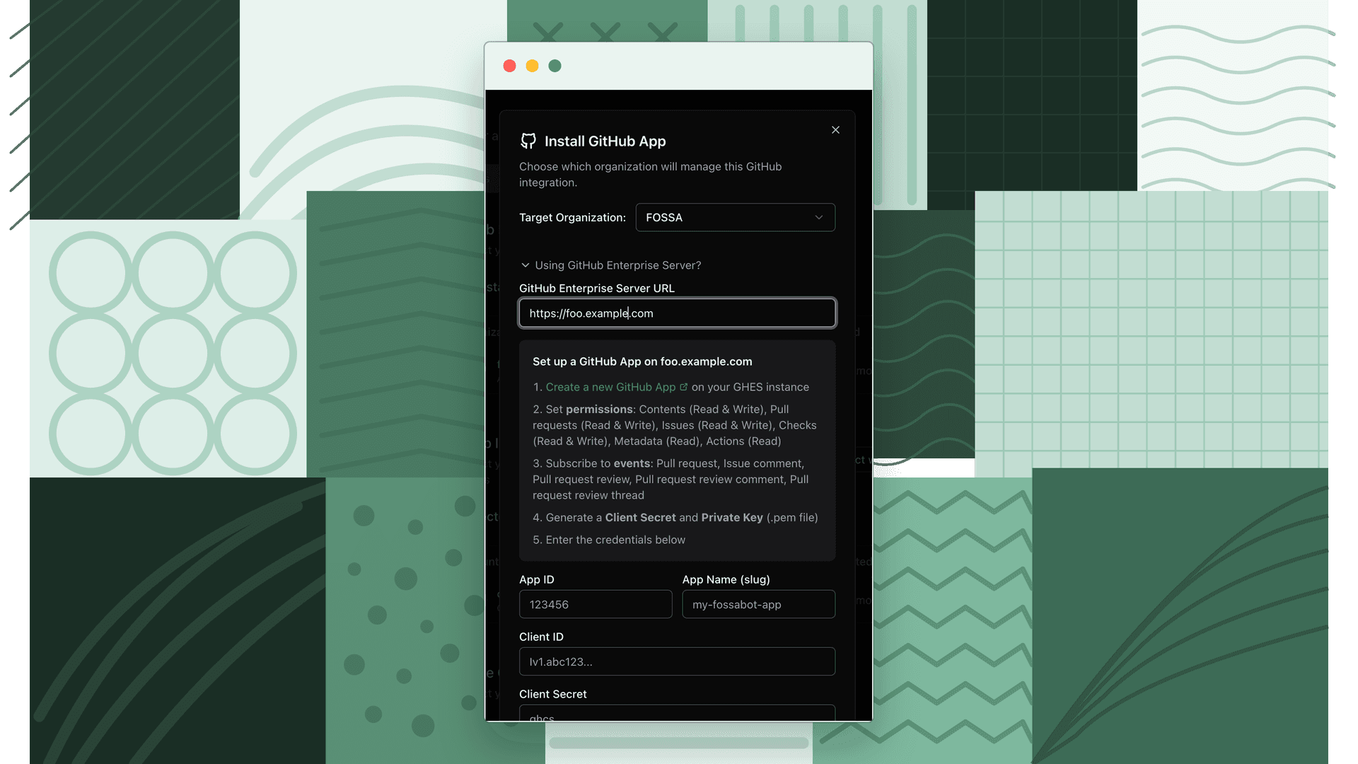 fossabot Install GitHub app screen for GitHub Enterprise Server with the API server URL field