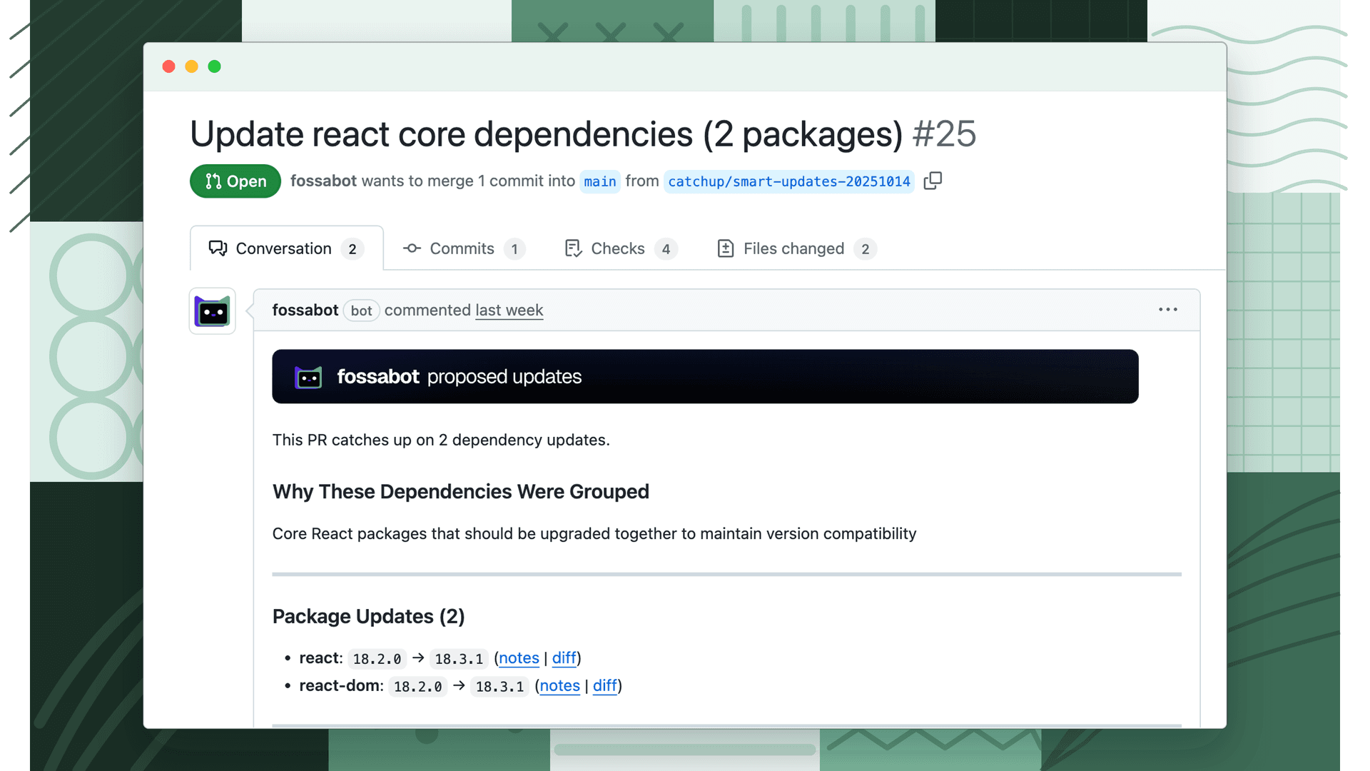 A fossabot pull request that groups several related dependency updates together