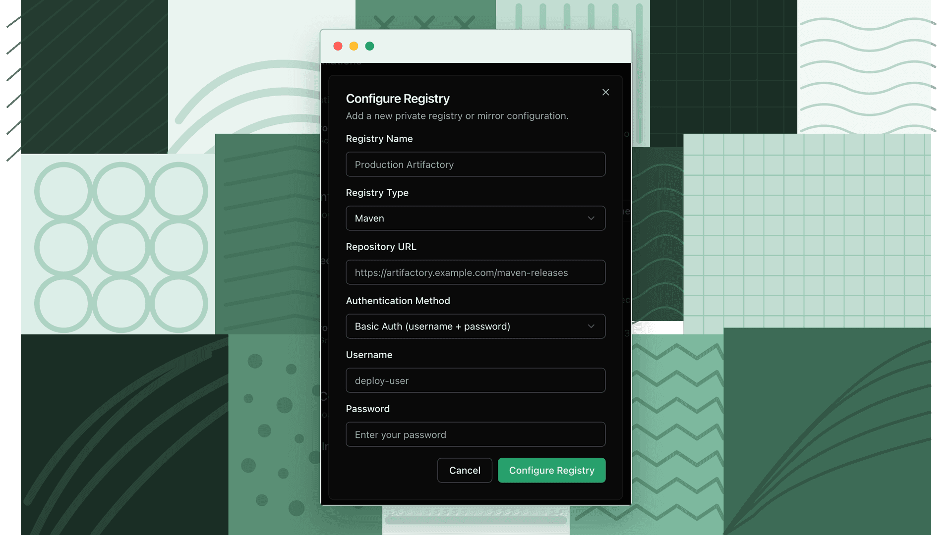 Organization Settings panel for configuring Maven code mirror credentials