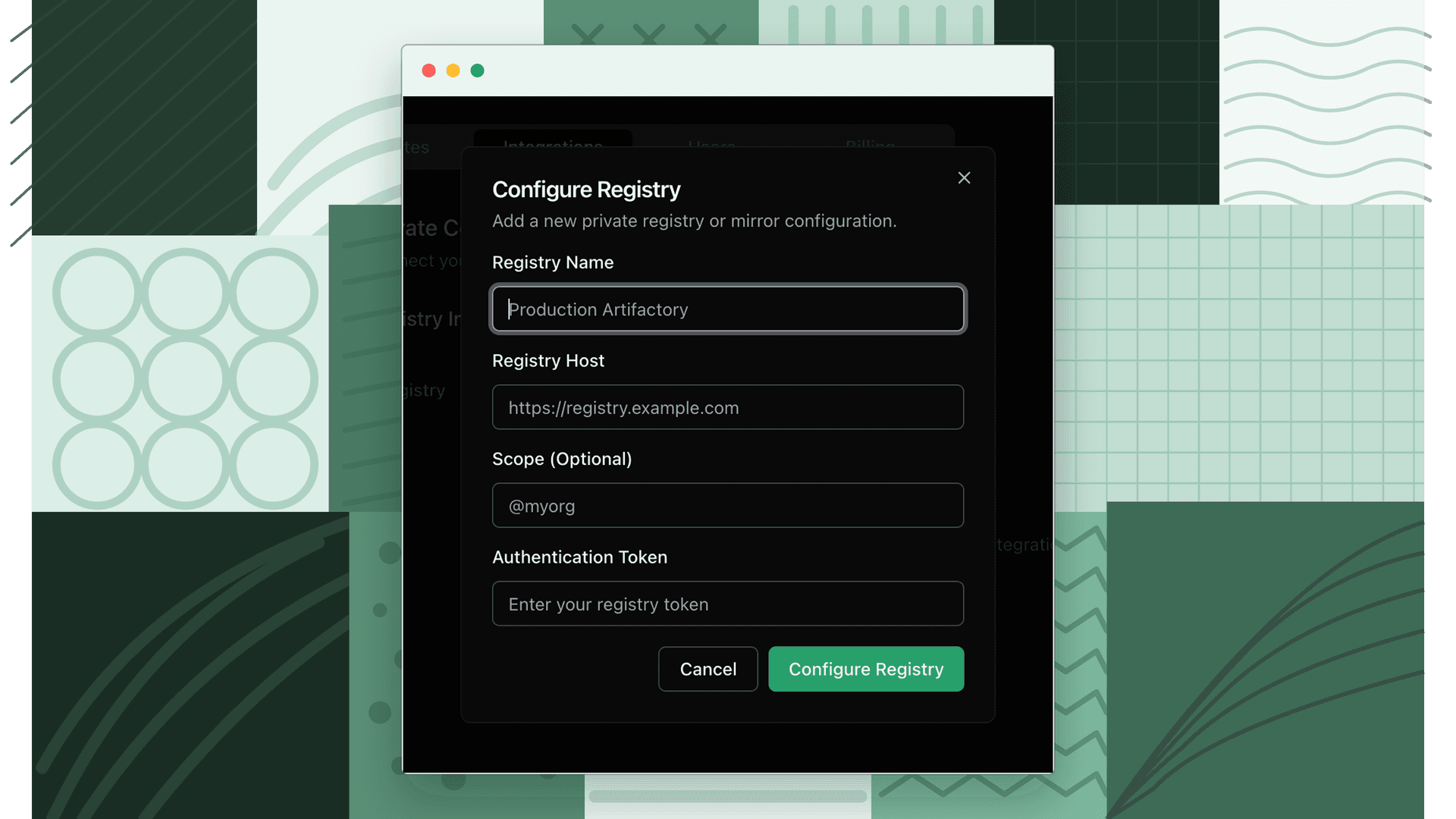 Organization Settings panel for configuring npm-style code mirror credentials