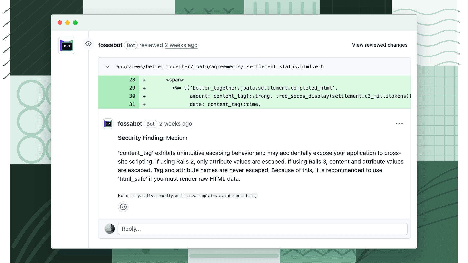 fossabot inline comment on a specific line flagging a SAST issue