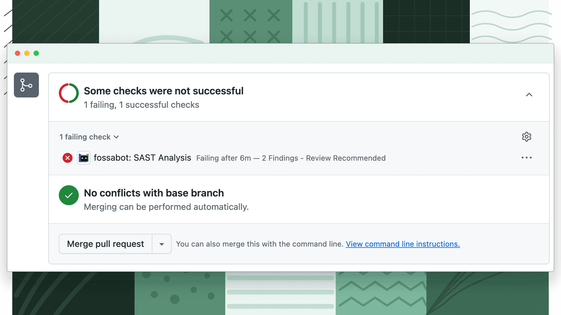 A fossabot pre-merge check reporting two SAST findings that need to be addressed