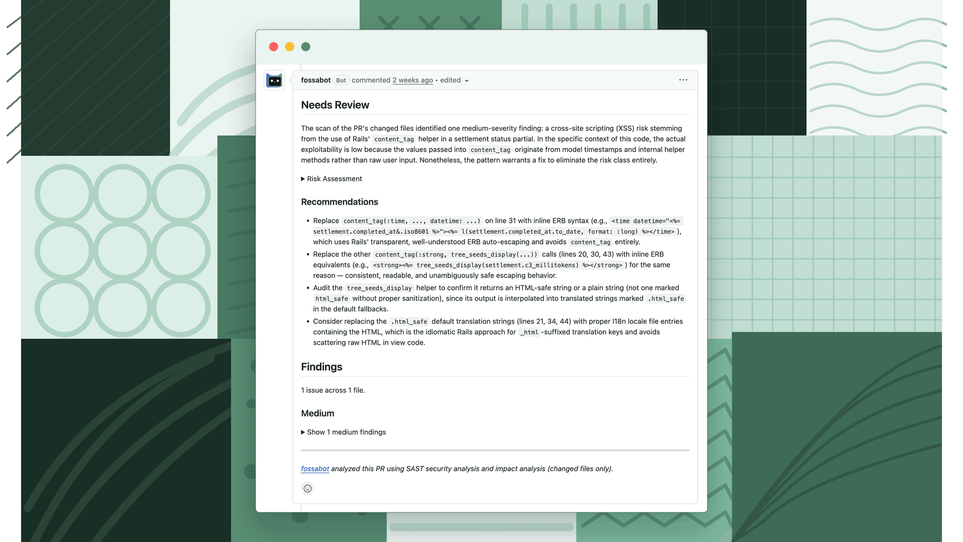 fossabot SAST review summary comment with an executive summary and recommendations