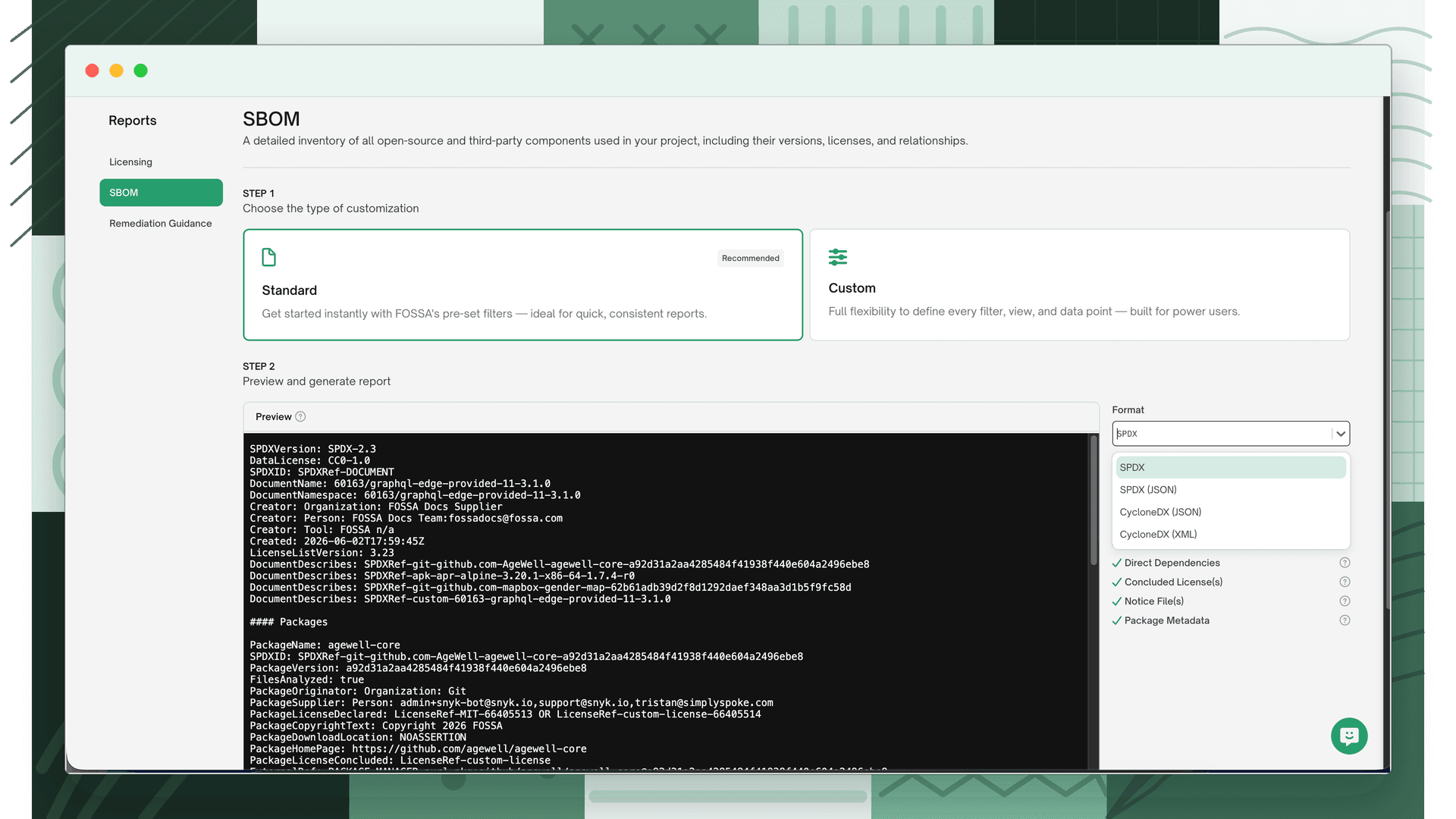 SBOM report Format dropdown showing SPDX, SPDX JSON, CycloneDX JSON, and CycloneDX XML options