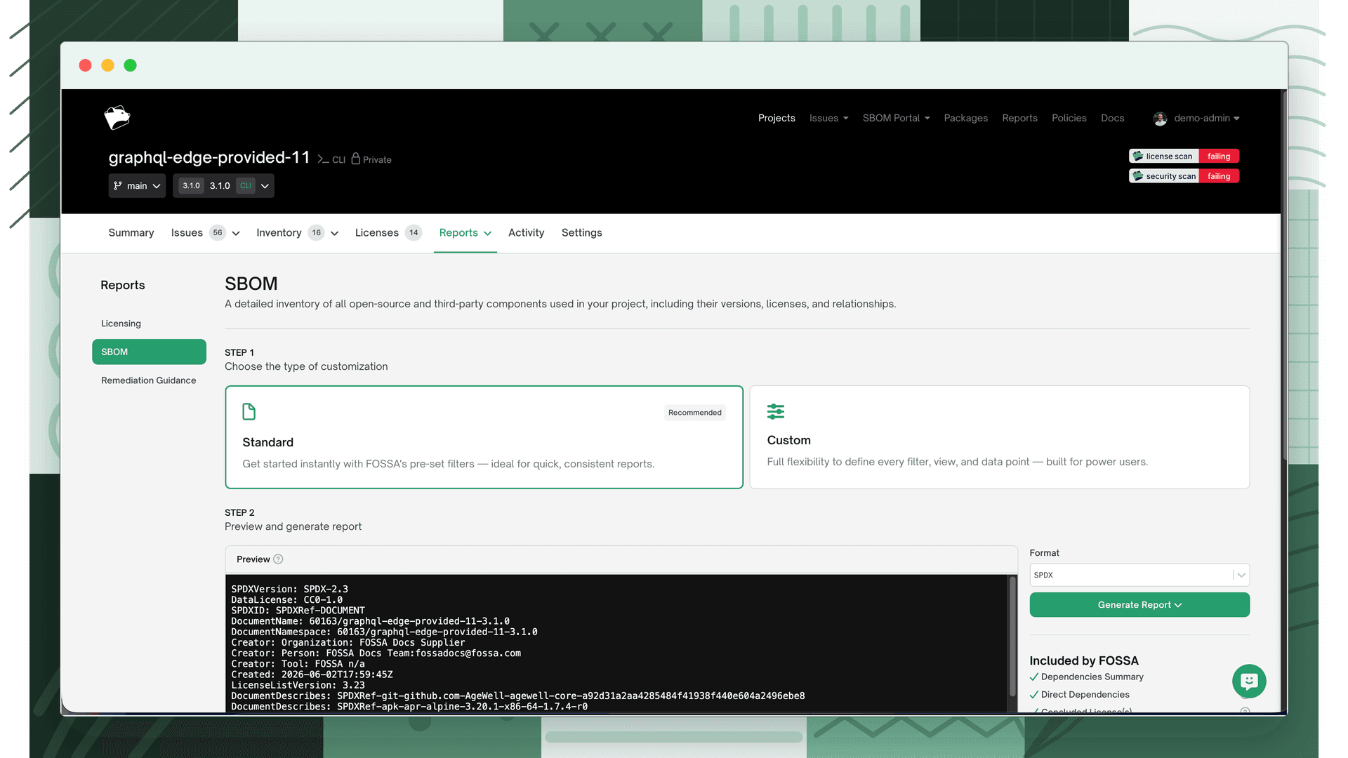 Project Reports > SBOM page showing the customization type, report preview, and format selector
