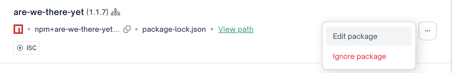 Opening the Edit Package menu for a dependency