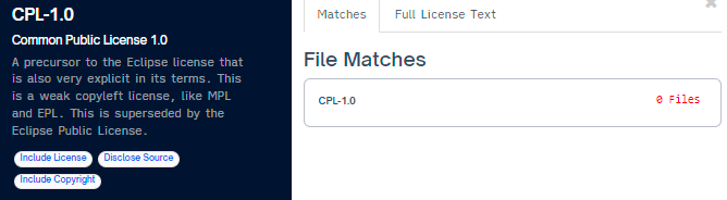 A dependency showing 0 Files for its license file matches