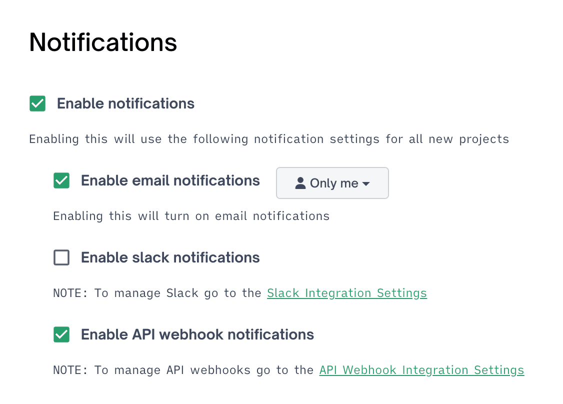 Project settings showing Slack notification toggles