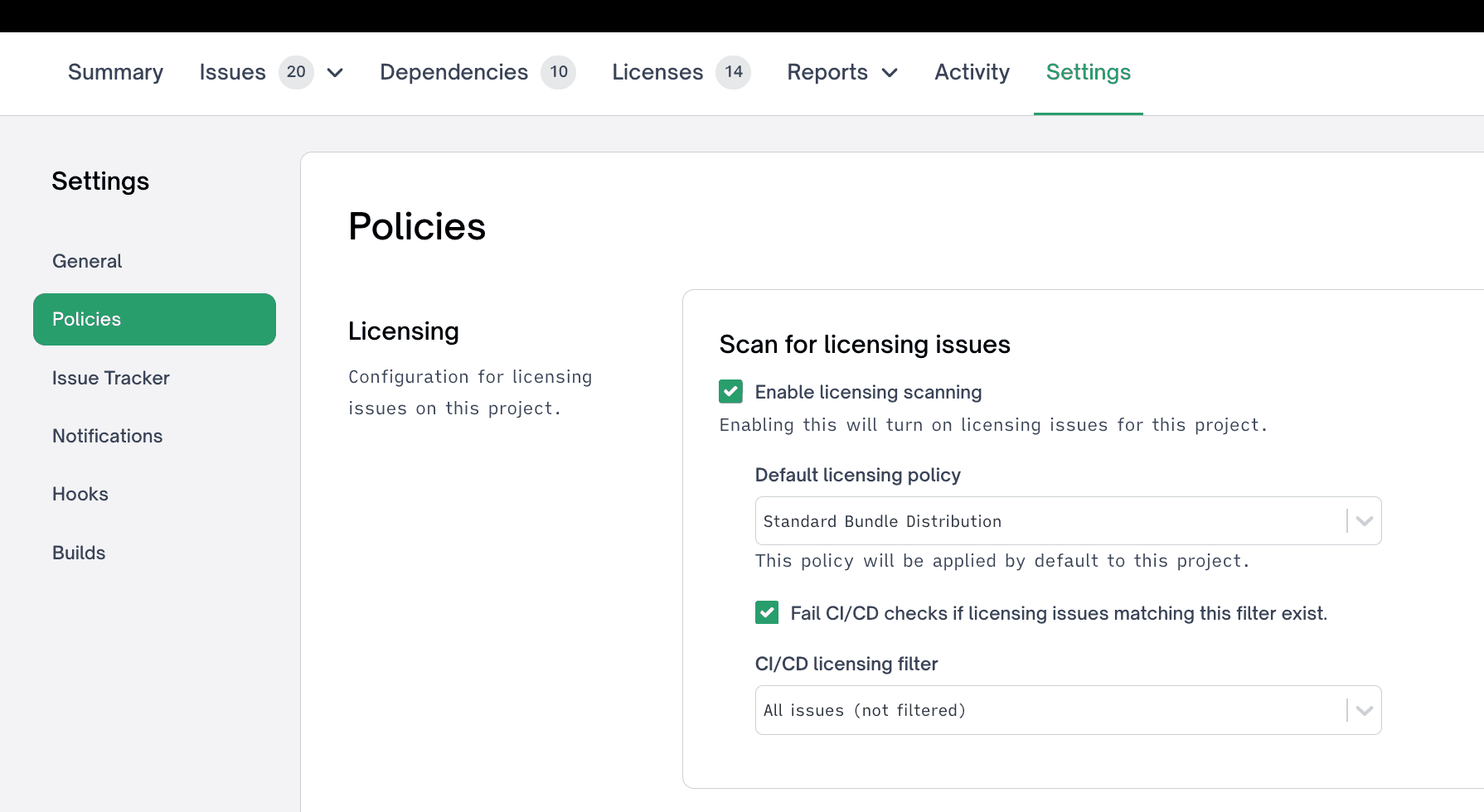 Project Policies settings