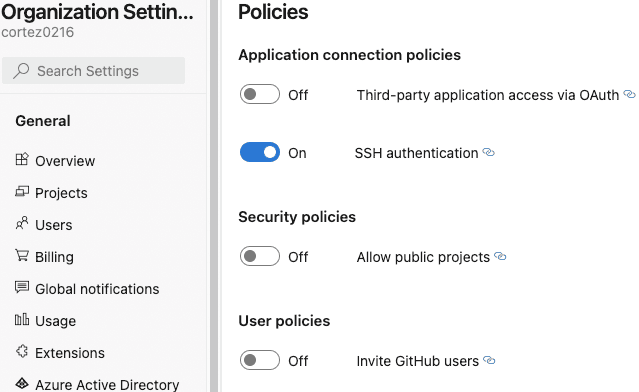 Azure DevOps Organization settings page