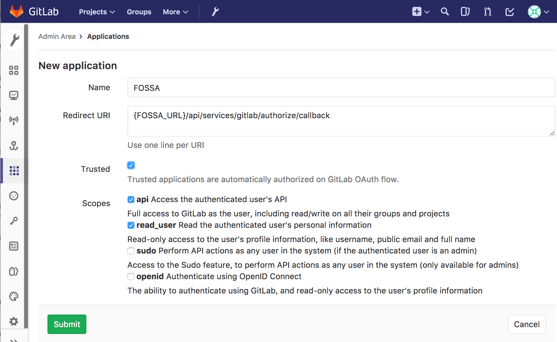 GitLab Add New Application form for FOSSA