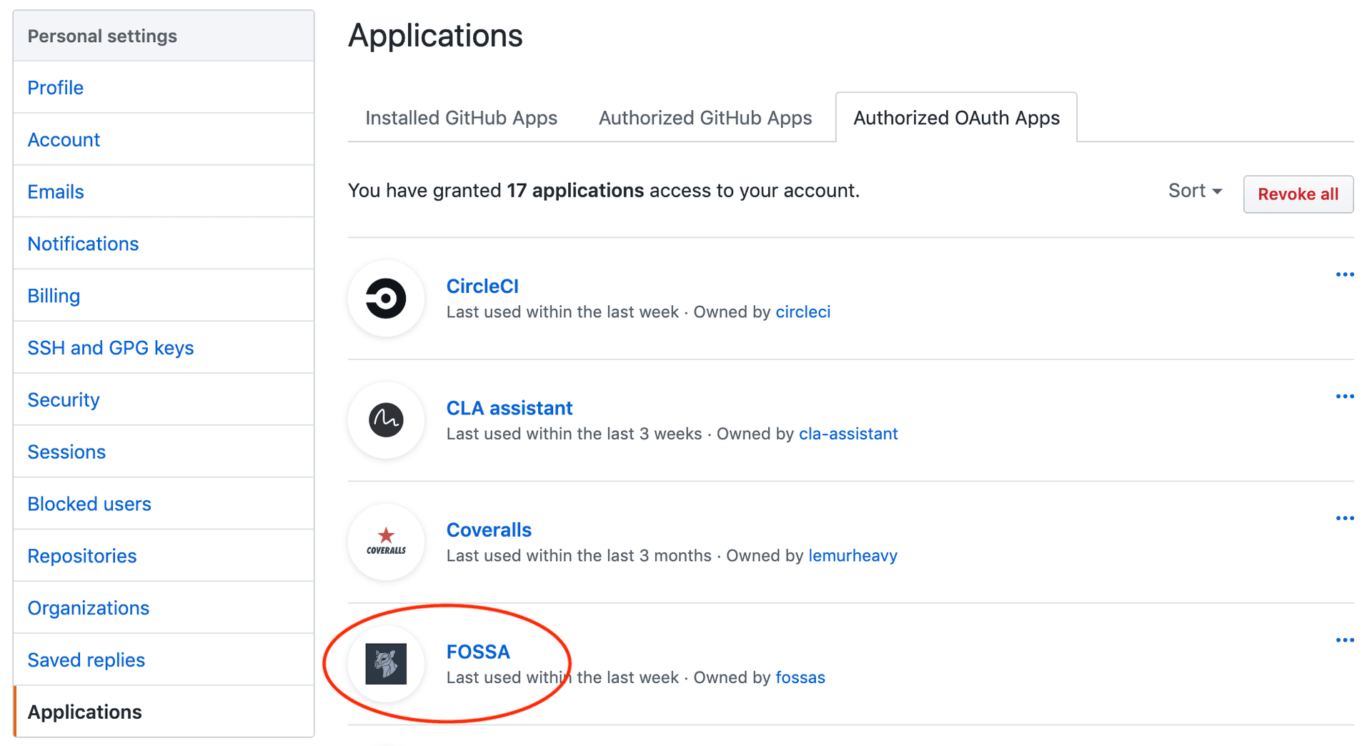 Authorized OAuth Apps page showing FOSSA with organization access section