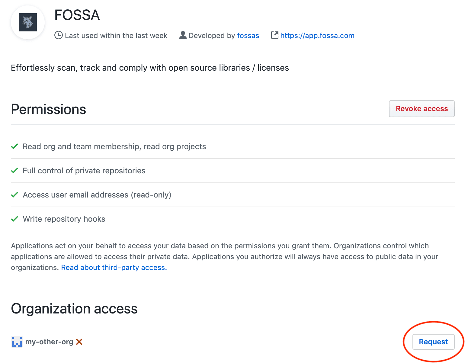 FOSSA app page showing organization with Request button