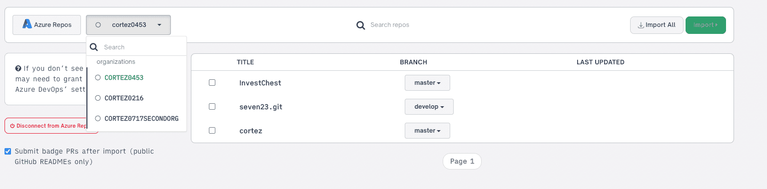 Azure DevOps organization dropdown