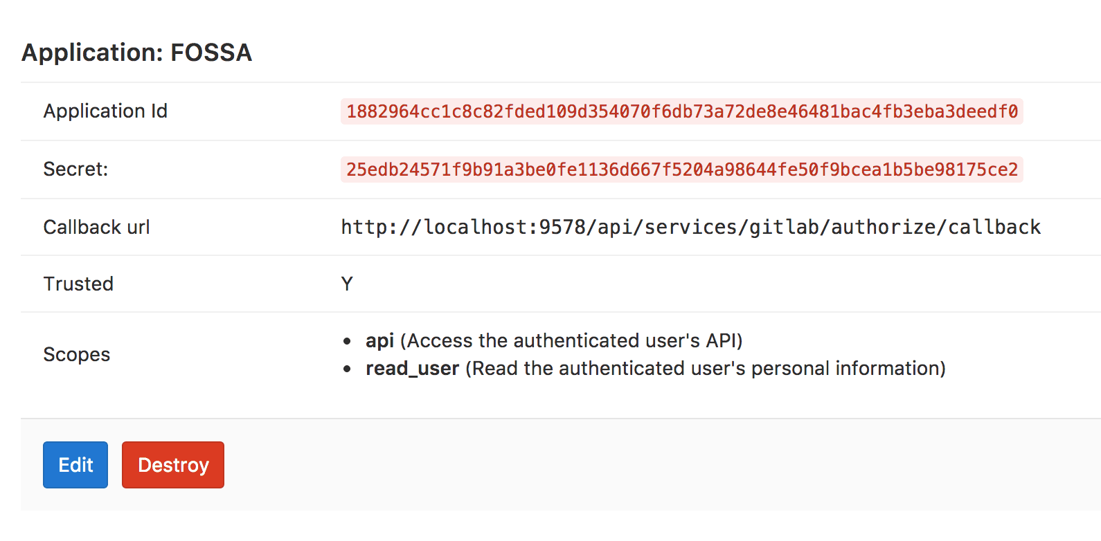 GitLab application credentials showing Application ID, Secret, and Callback URL