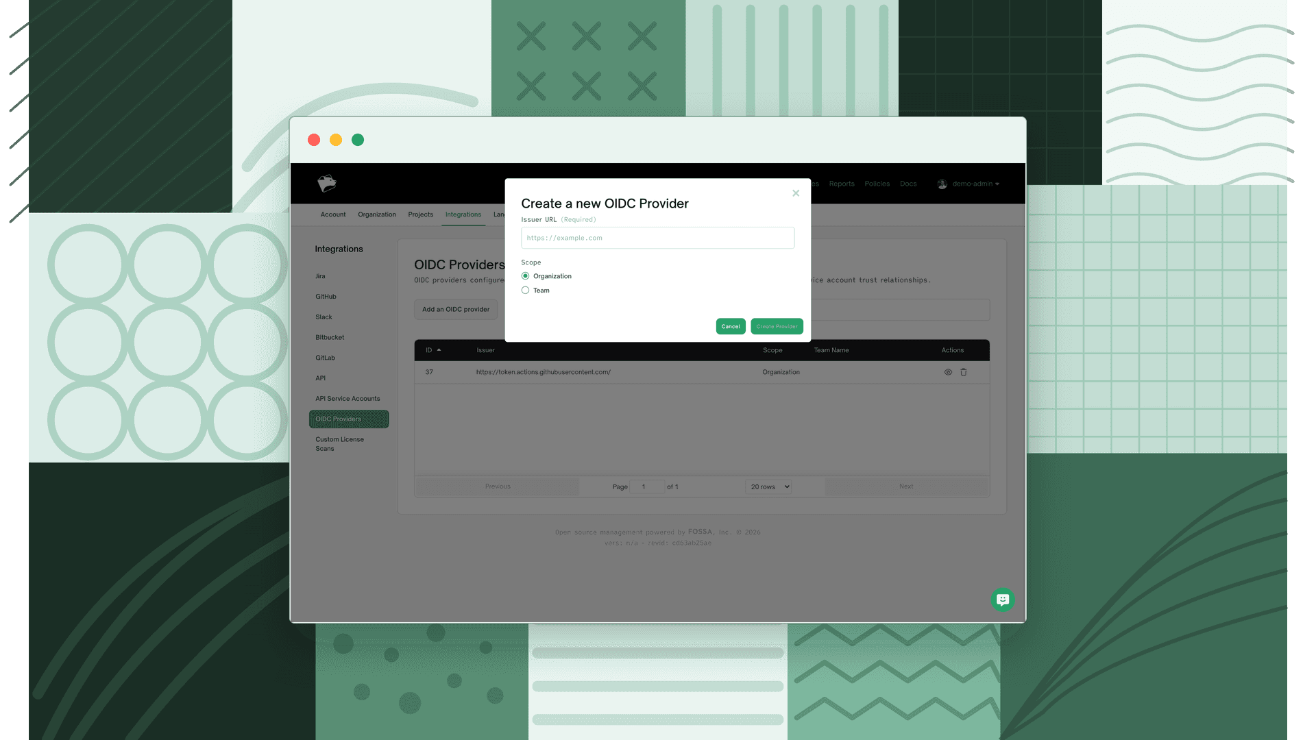 Create a new OIDC Provider dialog with the Issuer URL field and Organization/Team scope options