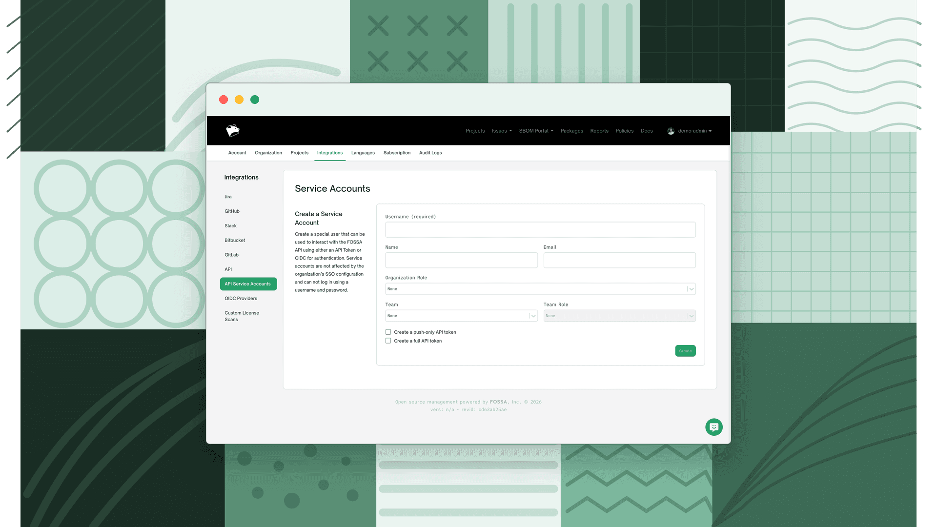 API Service Accounts page with the Create a Service Account form