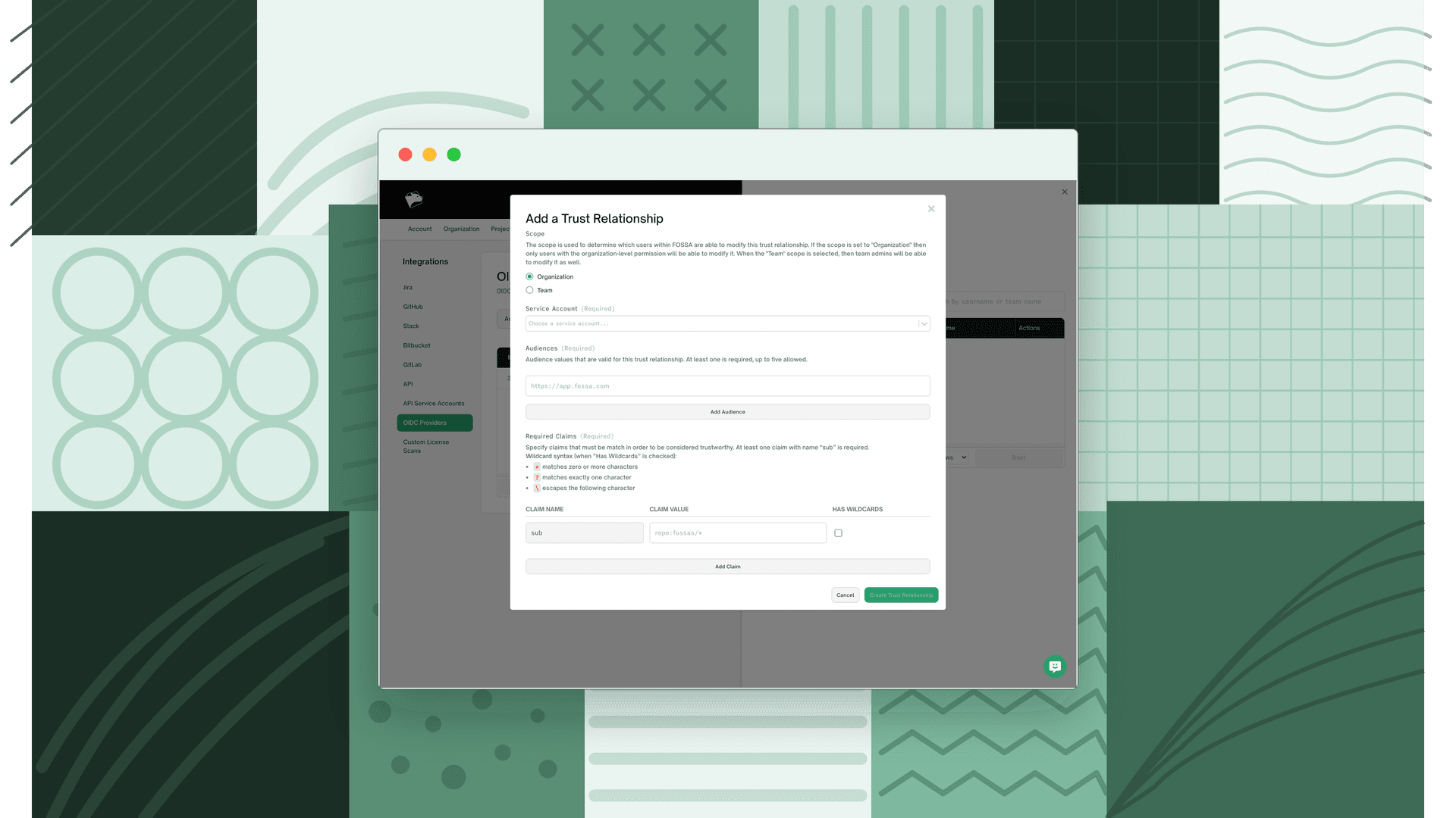 Add a Trust Relationship dialog with the scope, service account selector, audiences, and required claims fields