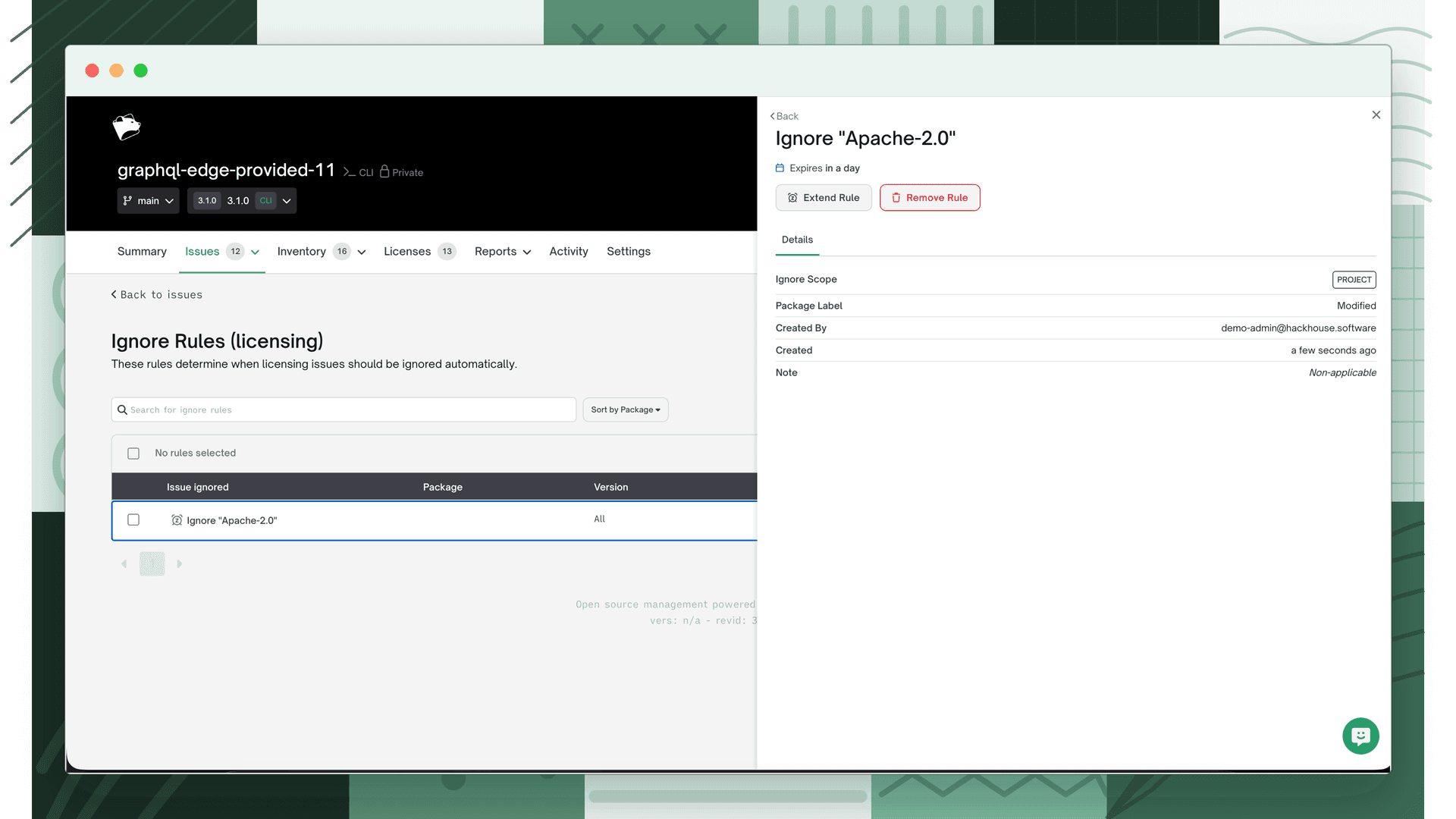 Ignore Rules page showing an Apache-2.0 ignore rule with an Expires in a day badge and a detail panel with Extend Rule and Remove Rule buttons