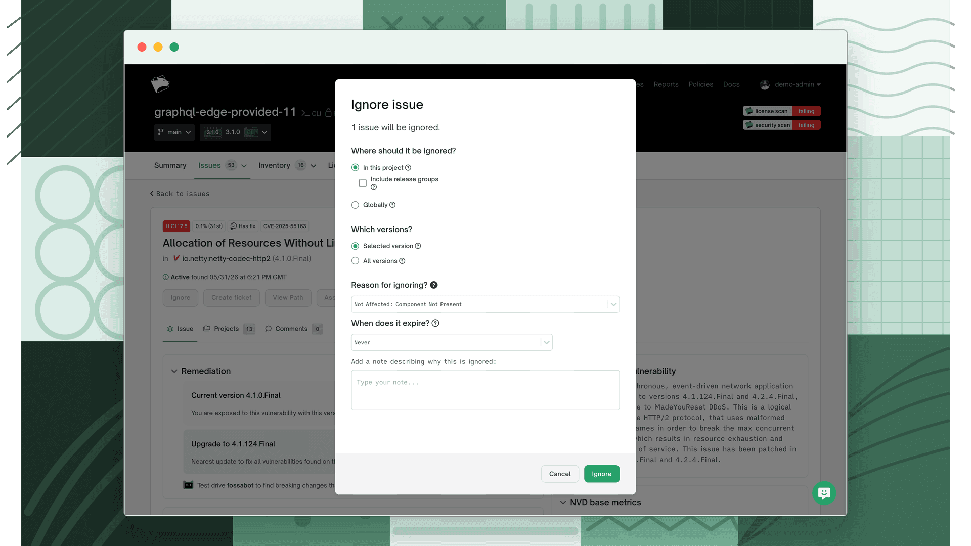 Ignore issue dialog showing where the issue should be ignored and which versions are covered