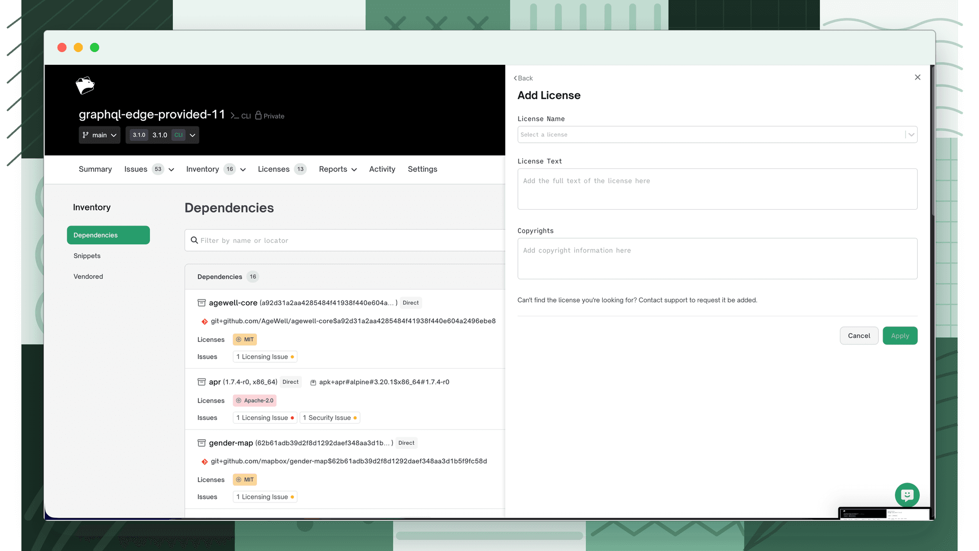 Add License form with License Name, License Text, and Copyrights fields