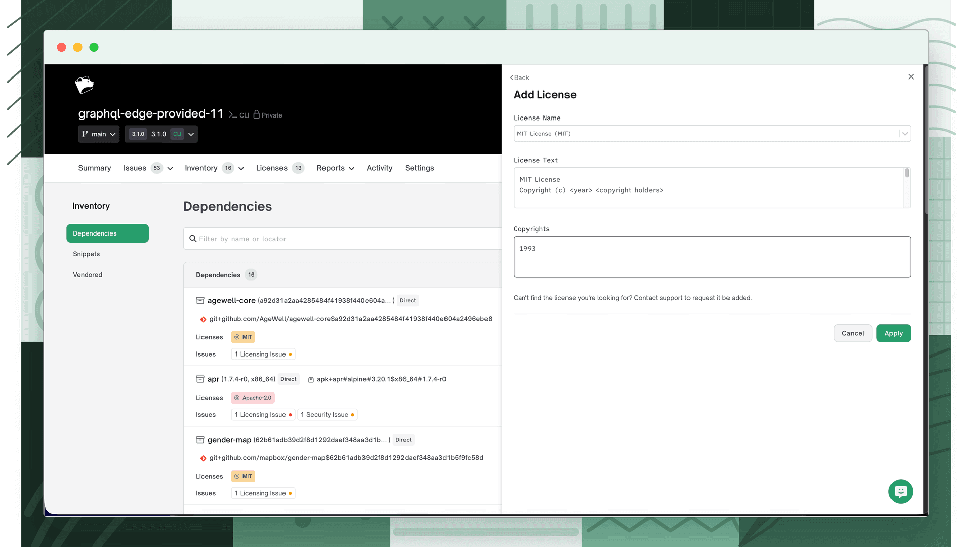 Add License form with MIT License selected and copyright details filled in