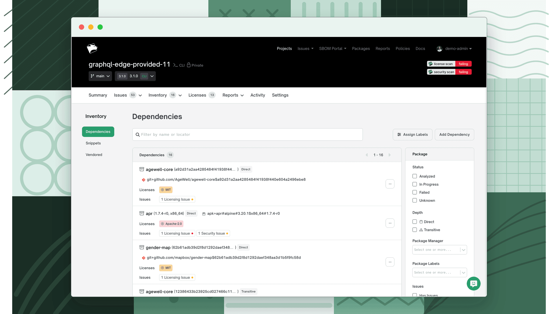 Inventory Dependencies page listing packages with their detected licenses