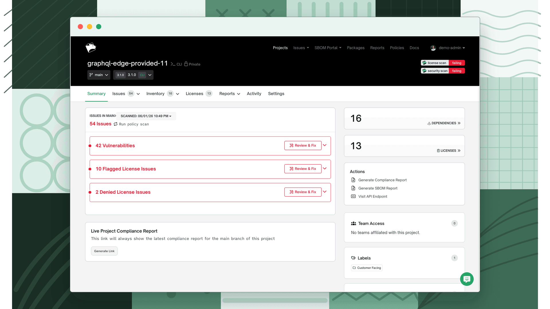 Project Summary tab showing the Run policy scan link and current issue counts
