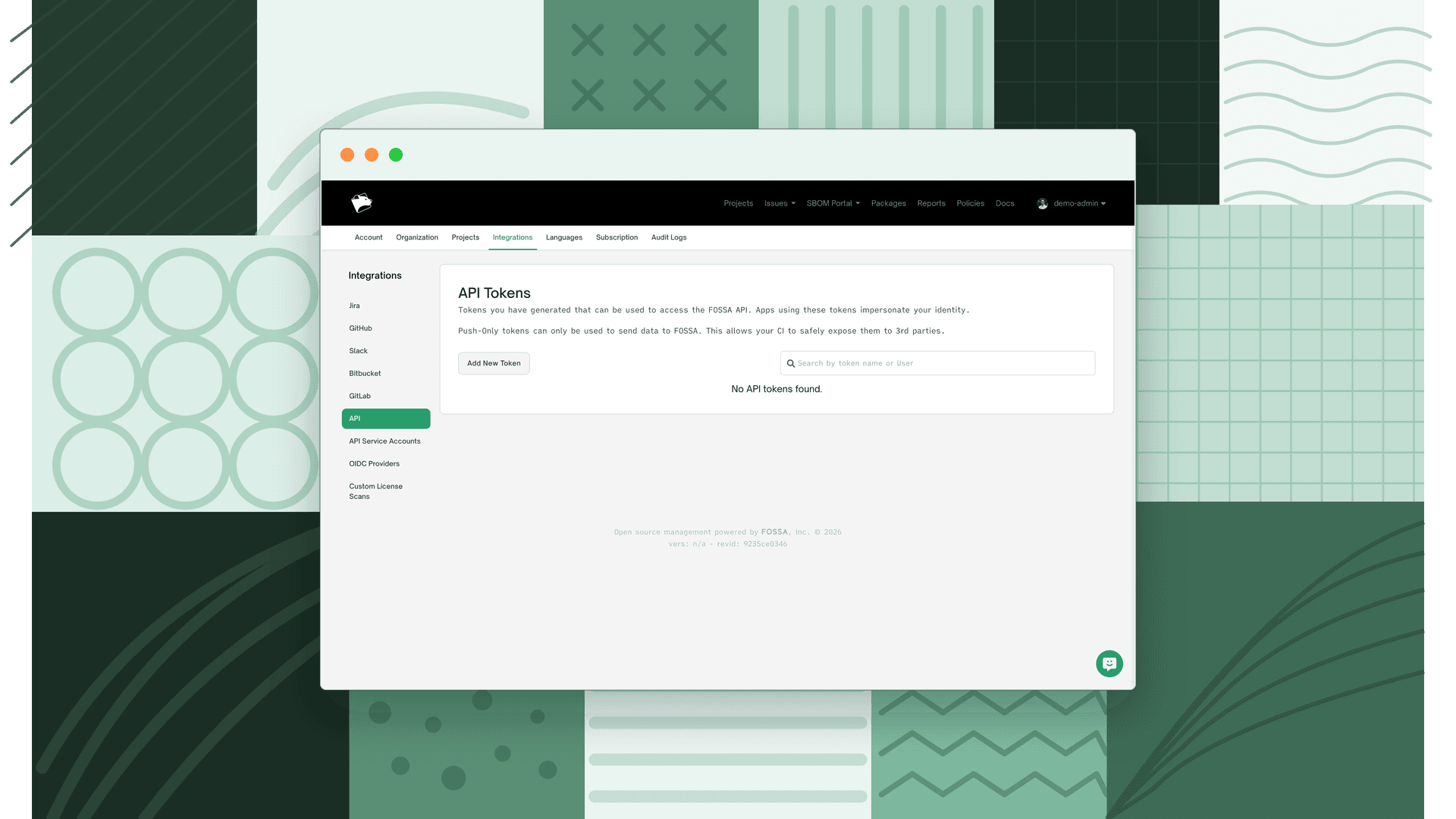 API Tokens page under Integrations with the Add New Token button and the token list