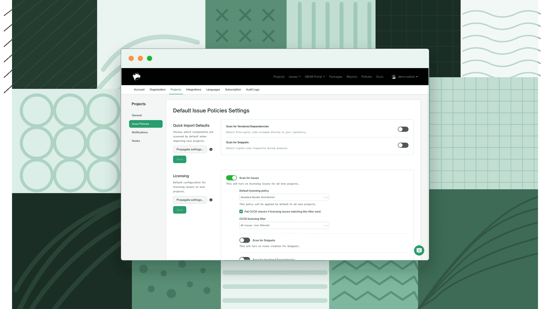 Default Issue Policies Settings page with Quick Import Defaults and Licensing sections and per-section Propagate settings buttons