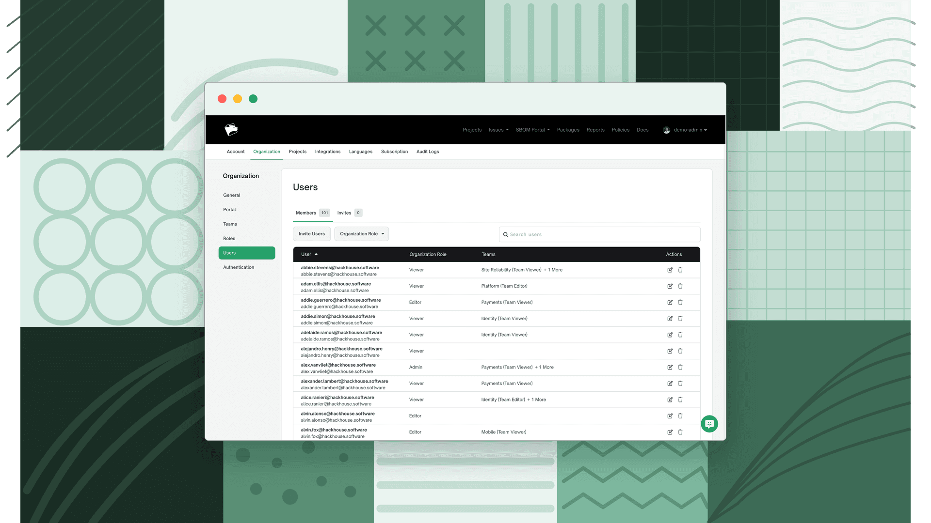 Users settings page with the members list, Invite Users button, and per-user organization role and teams