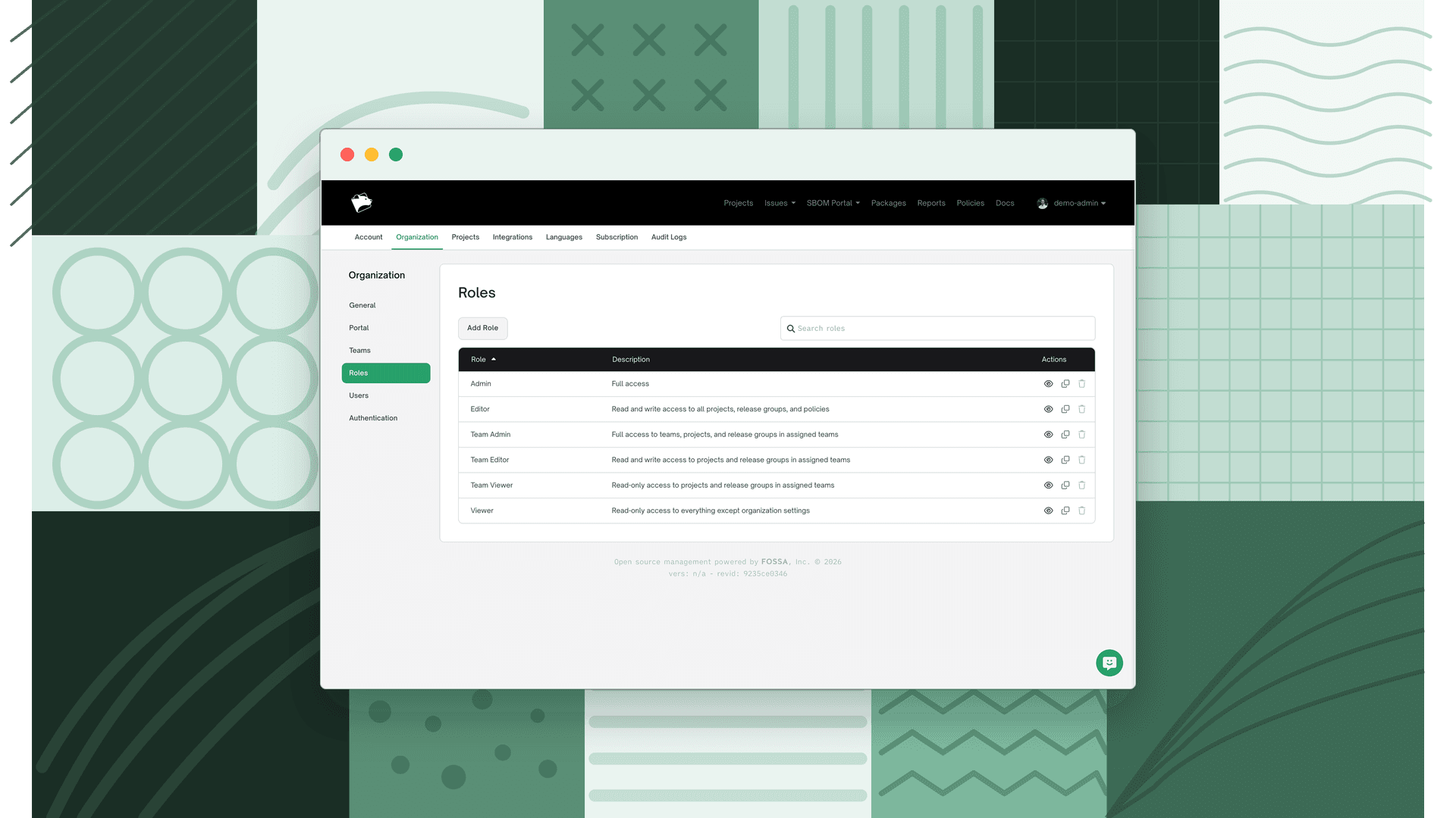 Roles settings page listing the built-in Admin, Editor, Team Admin, Team Editor, Team Viewer, and Viewer roles with an Add Role button