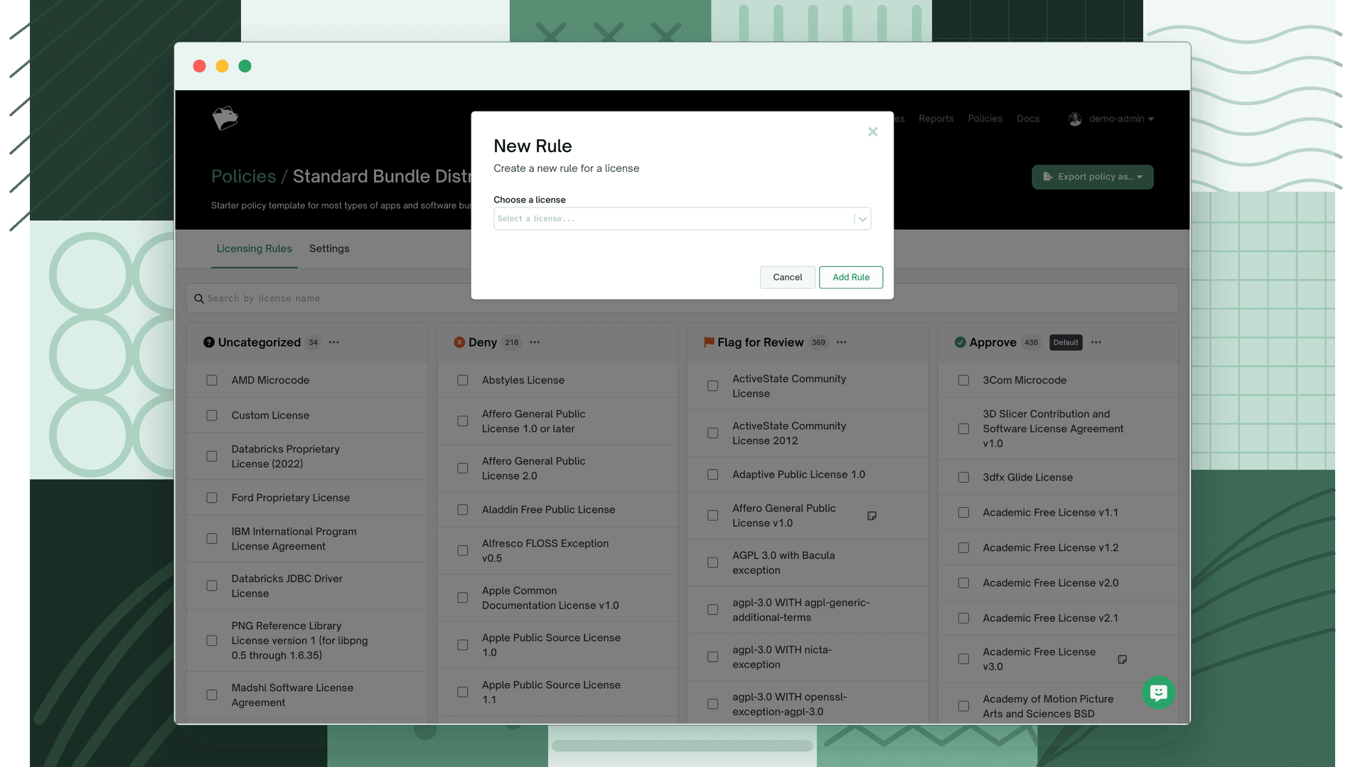 New Rule dialog with a license selector