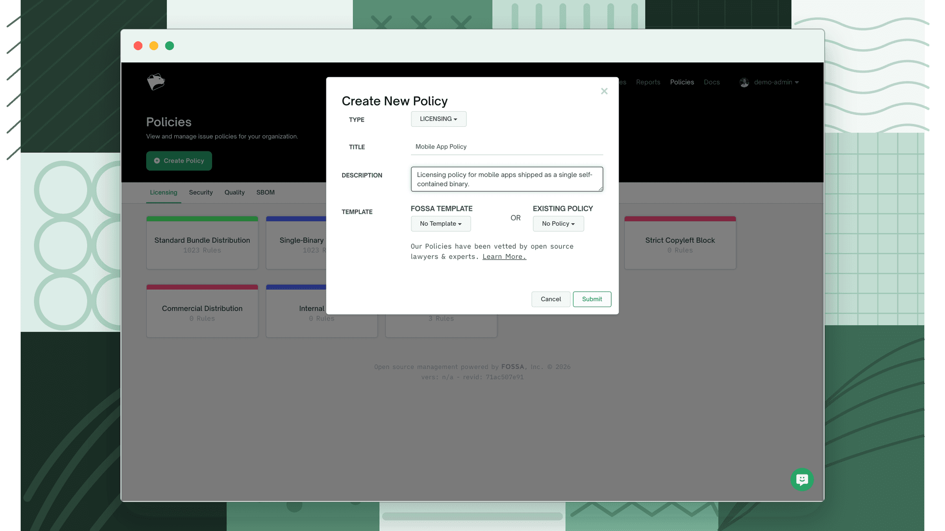 Create New Policy dialog with the type set to Licensing and a title and description filled in