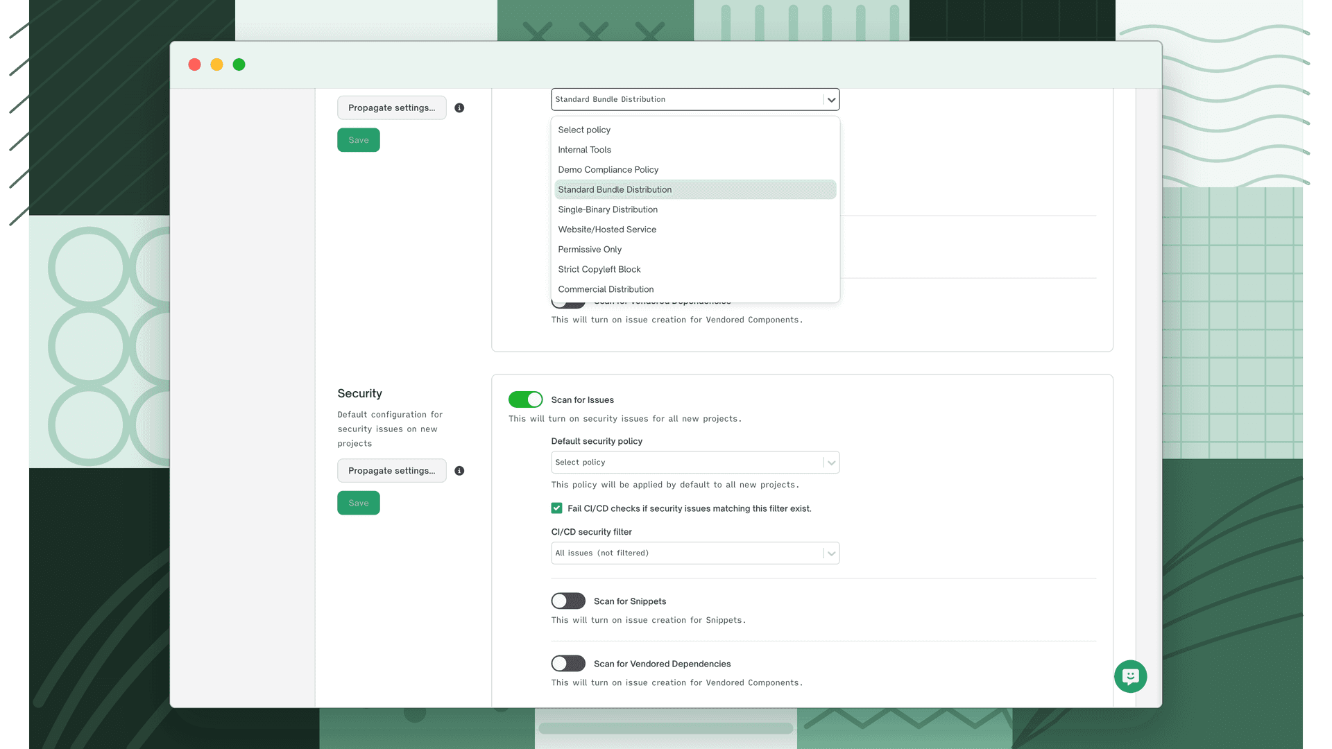 Default licensing policy dropdown open on the organization Issue Policies settings page