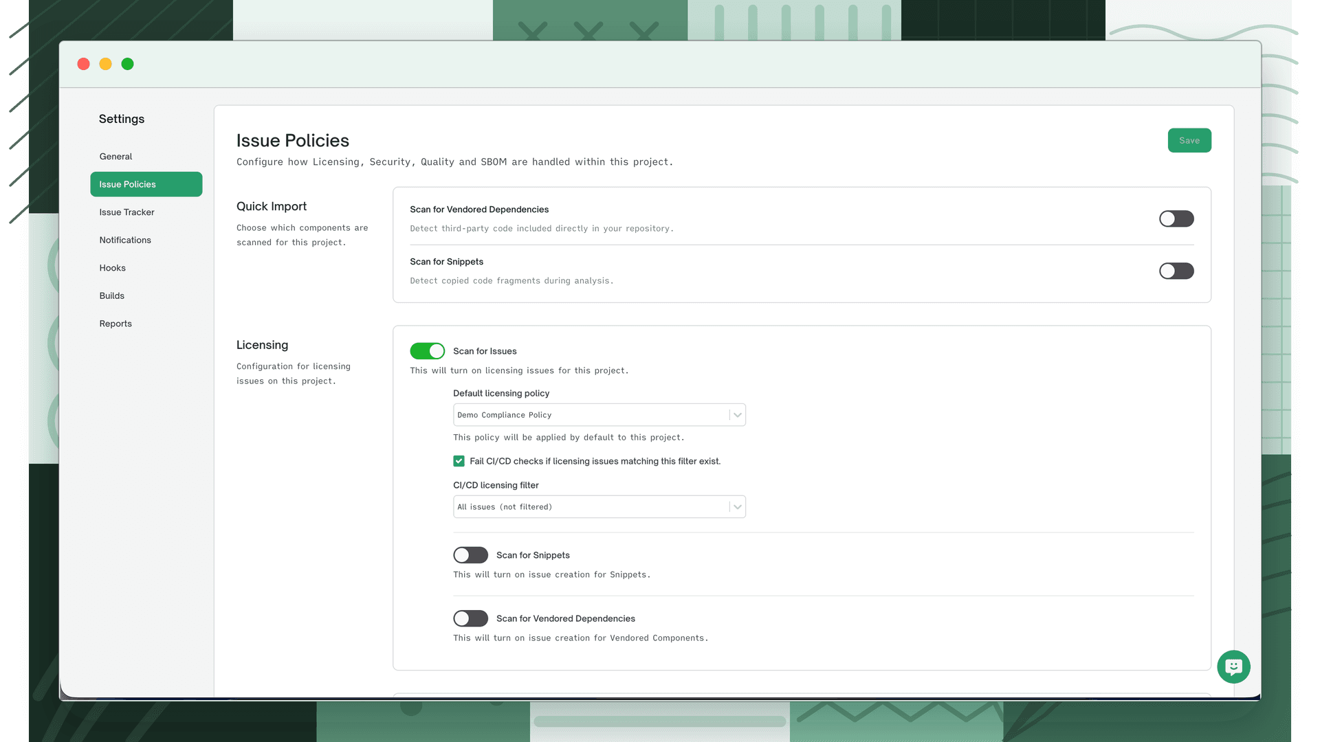 Project Issue Policies settings page with the Licensing default policy selected