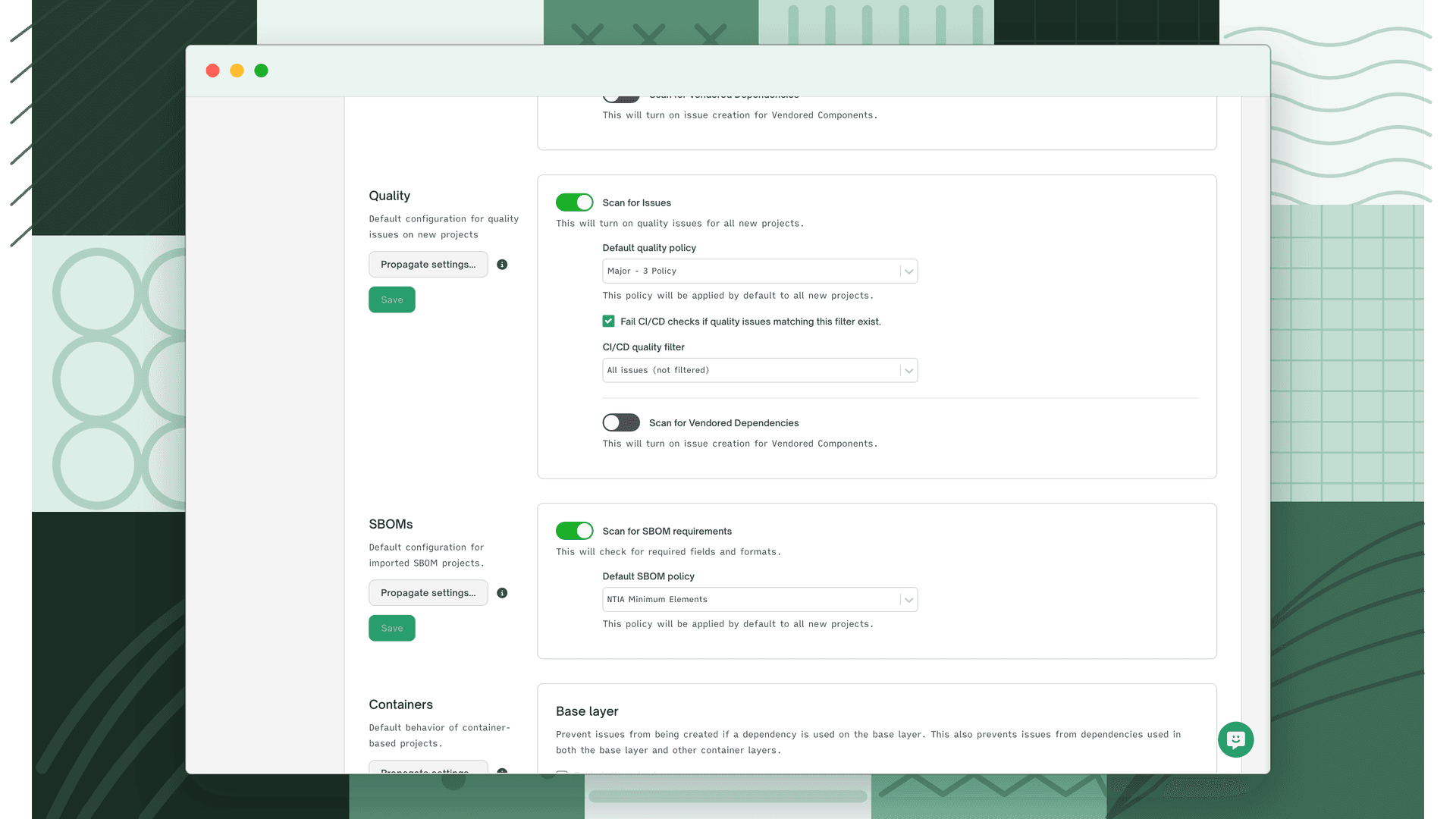 Quality section of Default Issue Policies Settings with the Default quality policy dropdown