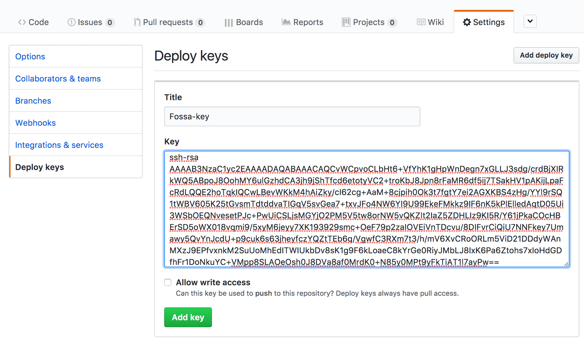 Adding the FOSSA public key to a GitHub project's deploy keys