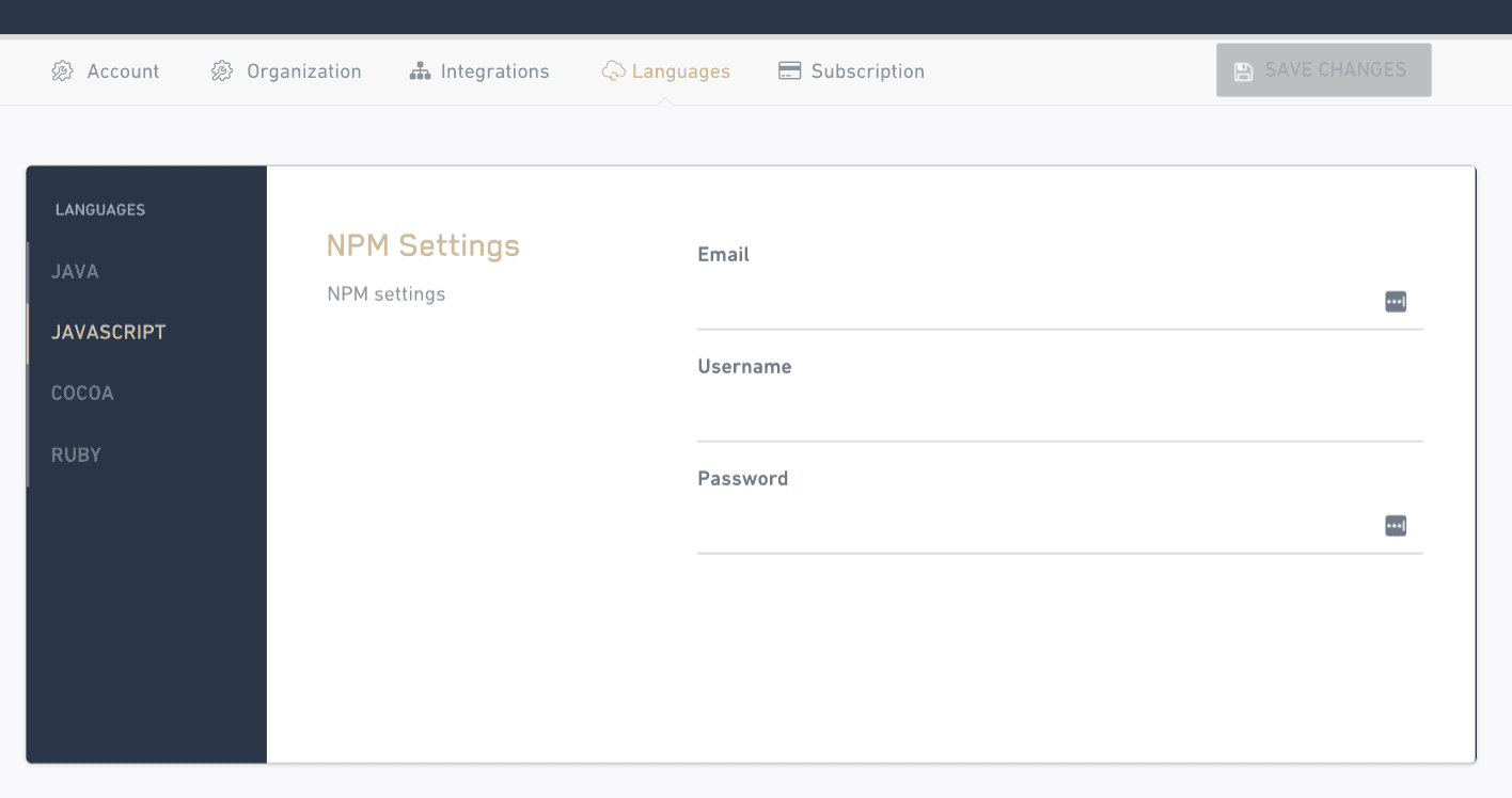 JavaScript private registry credentials in Account Settings
