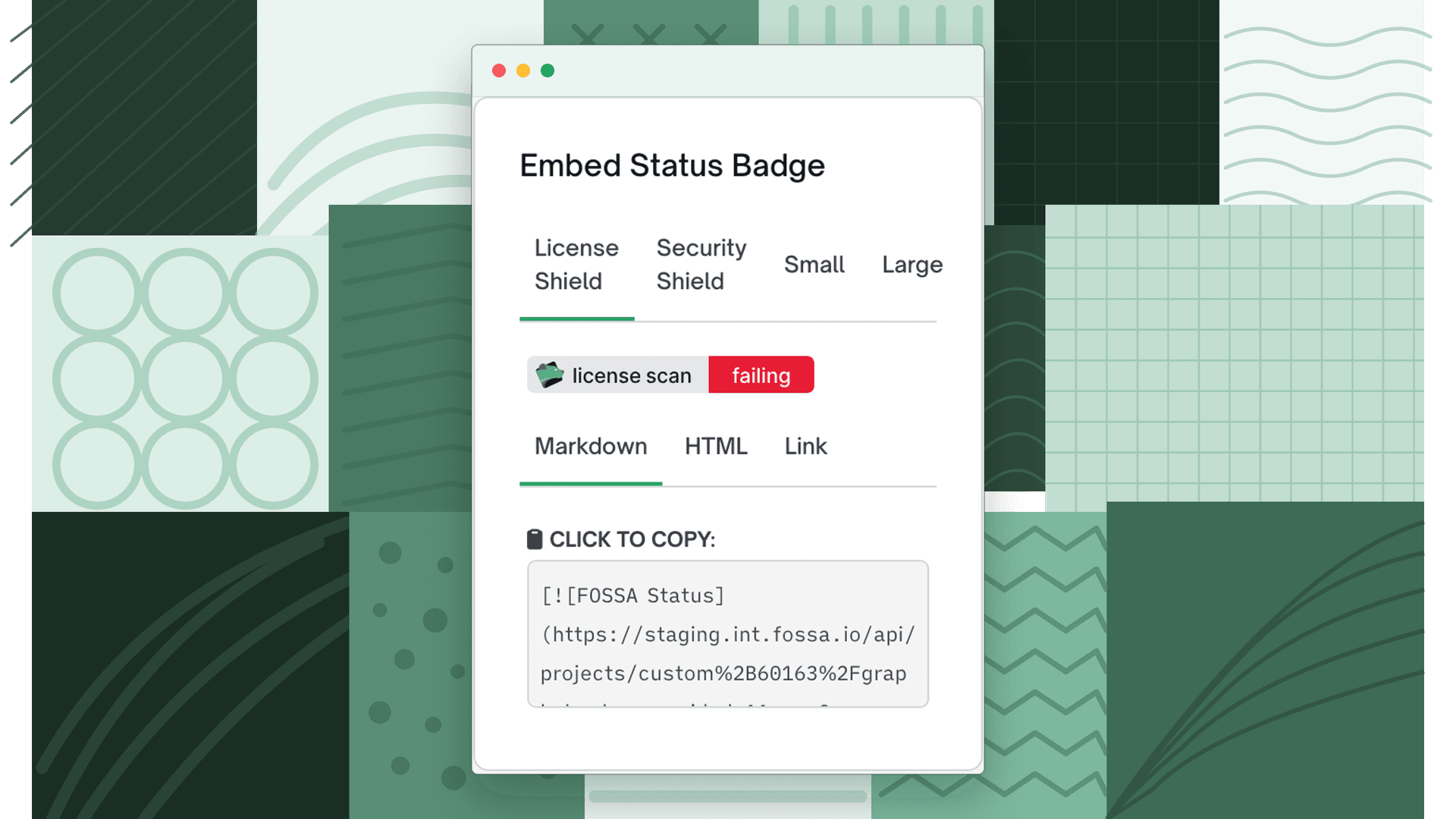 Project Settings General page showing the Embed Status Badge panel with badge type tabs and a copyable Markdown snippet