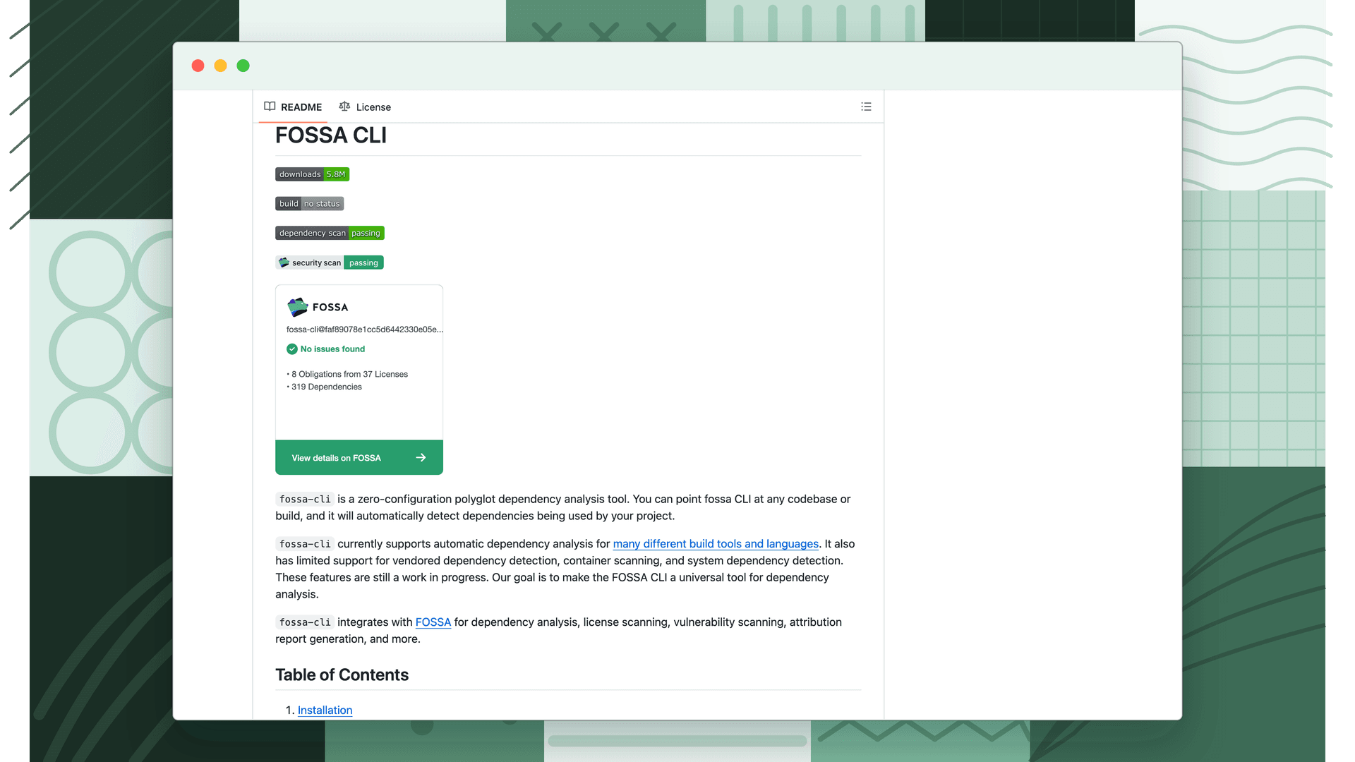 FOSSA CLI GitHub README showing downloads, build status, dependency scan, and security scan badges