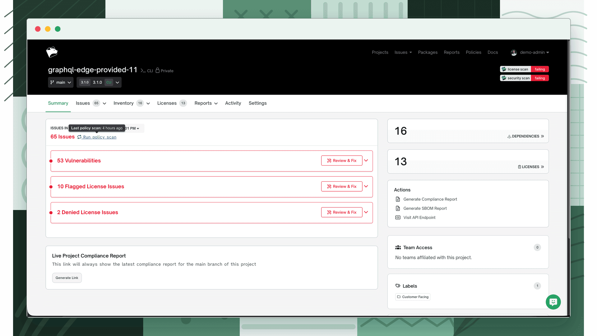 Project summary page showing the Last policy scan timestamp and the Run policy scan link next to the issue count